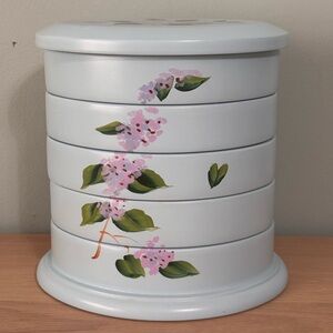 Vintage 80s FlexZorb 5 Tier Shabby Chic Blue Hand Painted Swivel Jewelry Box